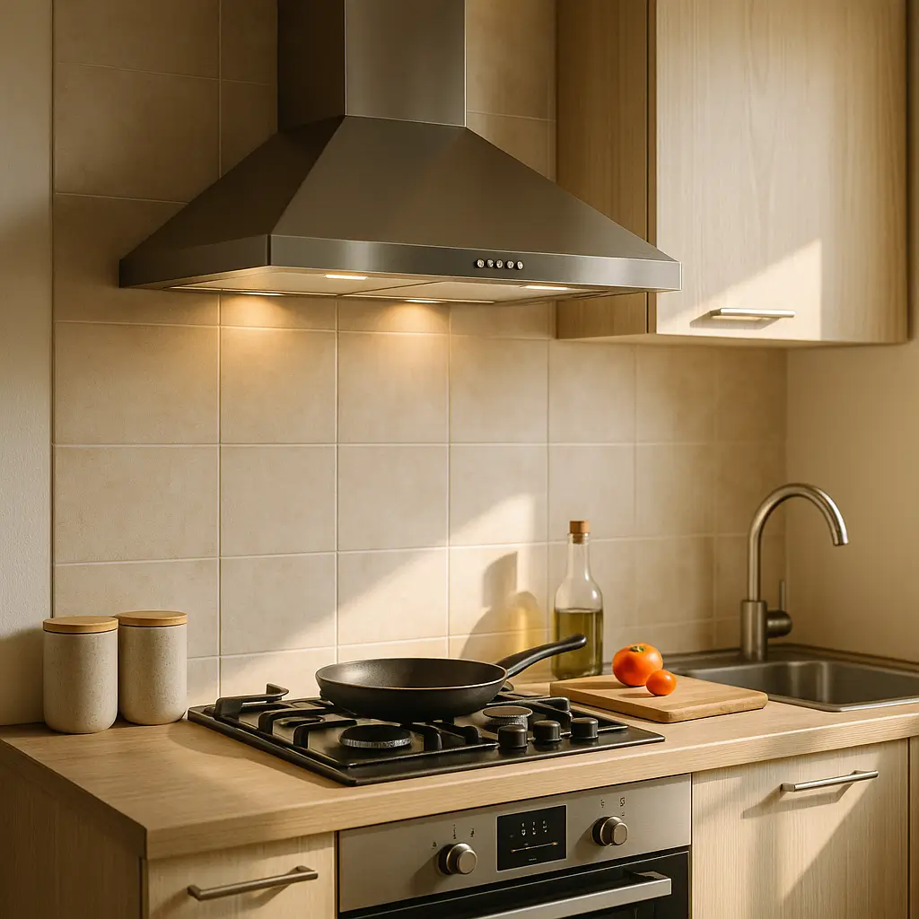 Coifa ou depurador: qual escolher para cozinha pequena, coifa inox sobre fogão a gás com frigideira, bancada com tomates e pia