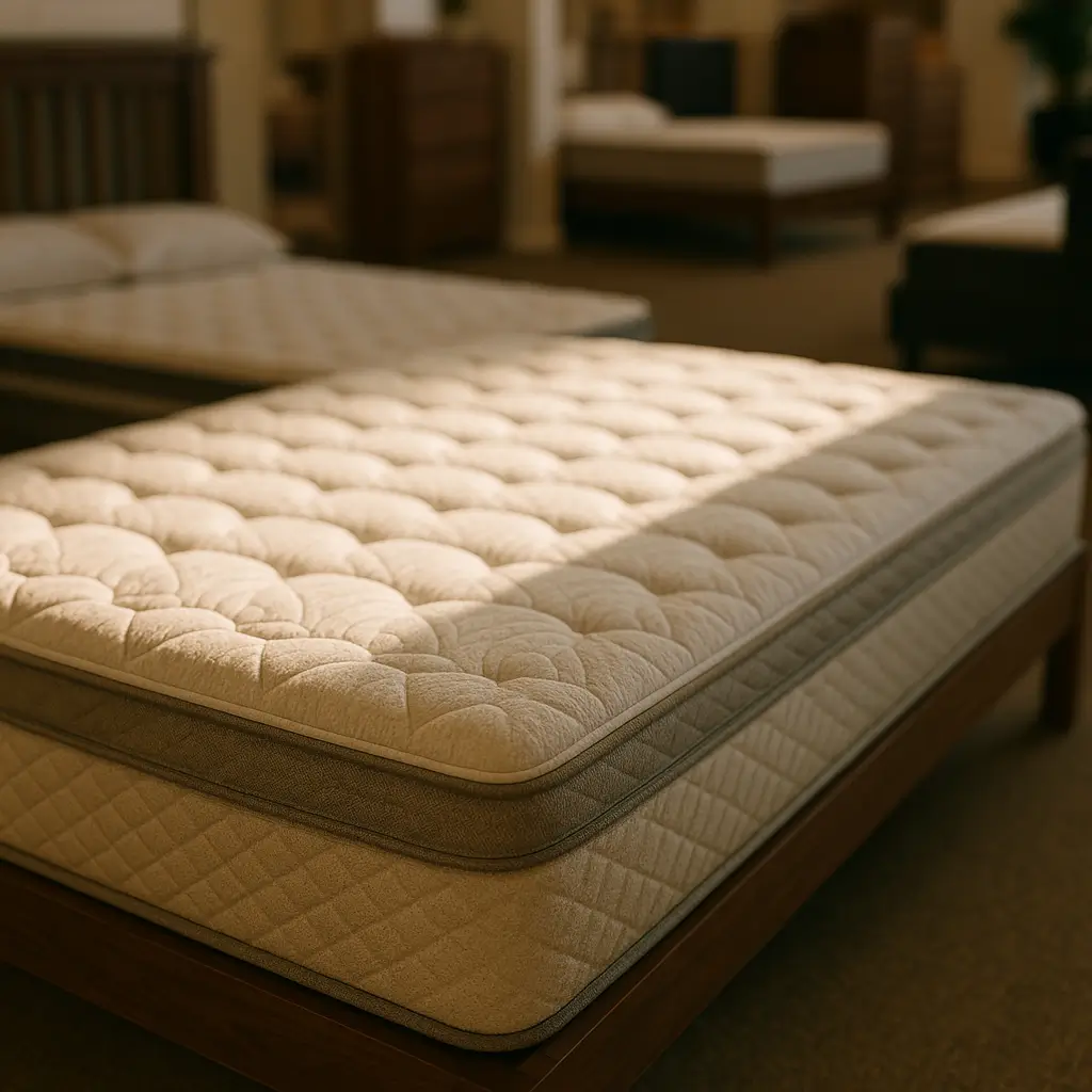 Colchão casal barato que presta: guia rápido em loja de colchões com cama exposta
