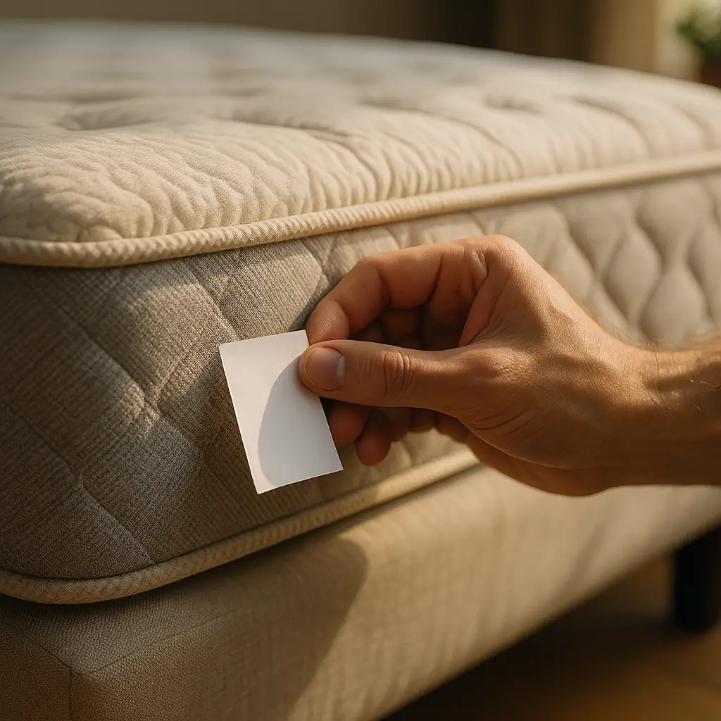Colchão com selo do INMETRO: como conferir etiqueta; mão segurando etiqueta branca na lateral do colchão