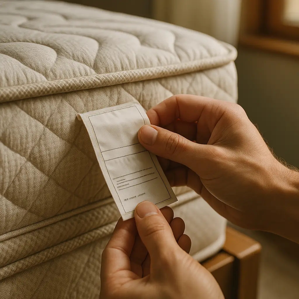 Colchão com selo do INMETRO: como conferir etiqueta; mãos conferindo etiqueta com dados na lateral do colchão
