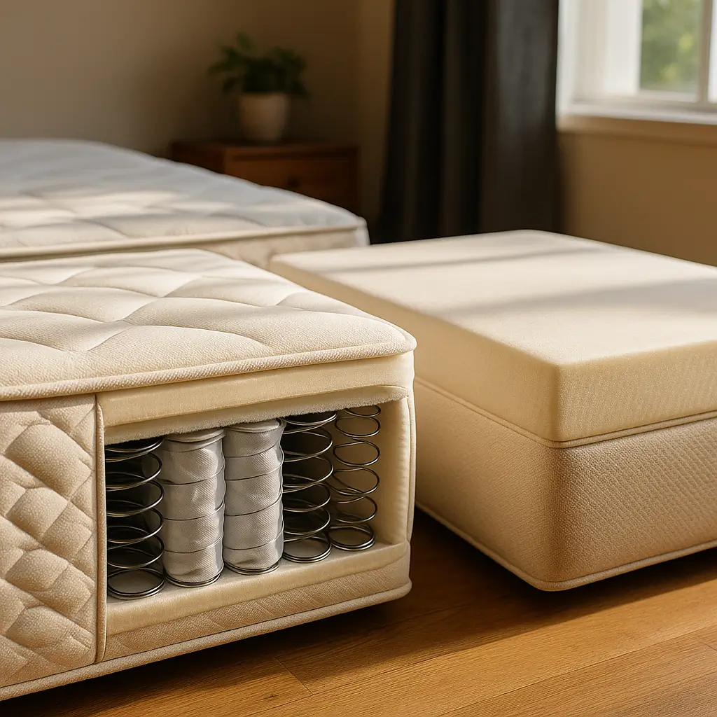 Colchão de mola ou espuma: qual escolher, estrutura de molas exposta ao lado de colchão de espuma em quarto iluminado