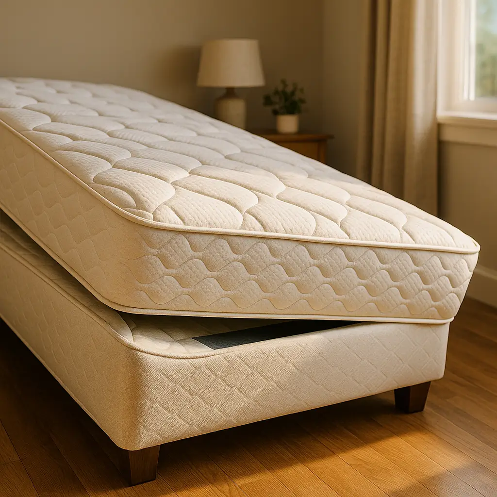 Colchão escorregando na base box: como resolver, colchão bege deslizando sobre base box em quarto