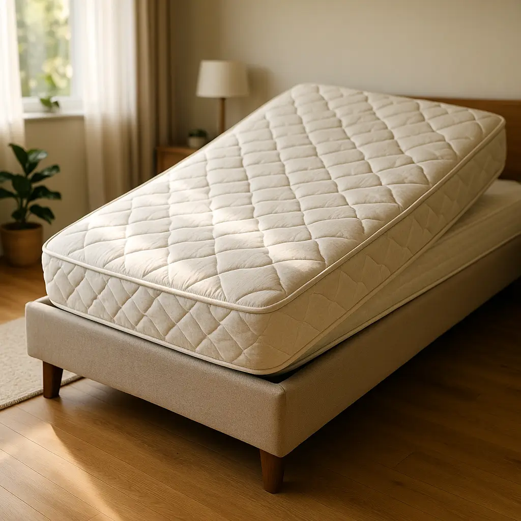 Colchão escorregando na base box: como resolver, colchão bege inclinado em quarto iluminado