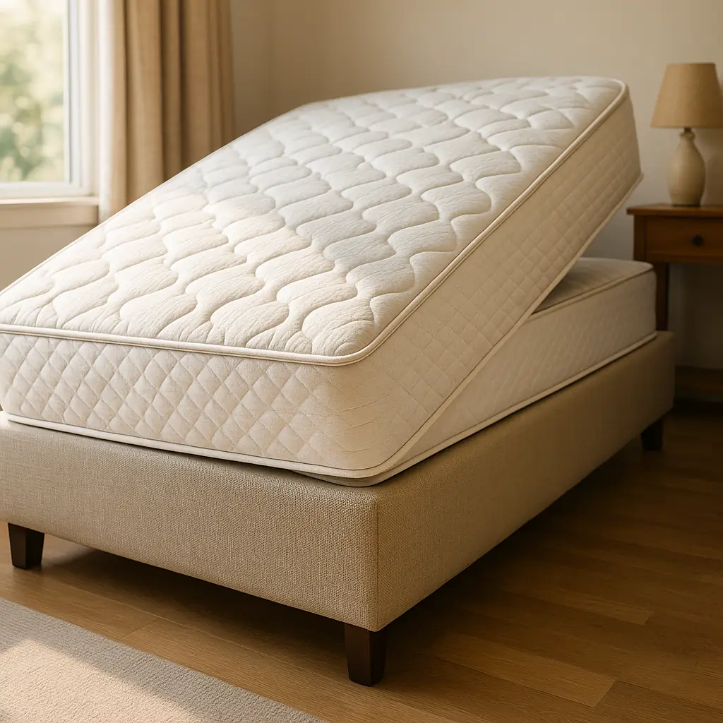 Colchão escorregando na base box: como resolver, colchão bege inclinado na base box ao lado da janela