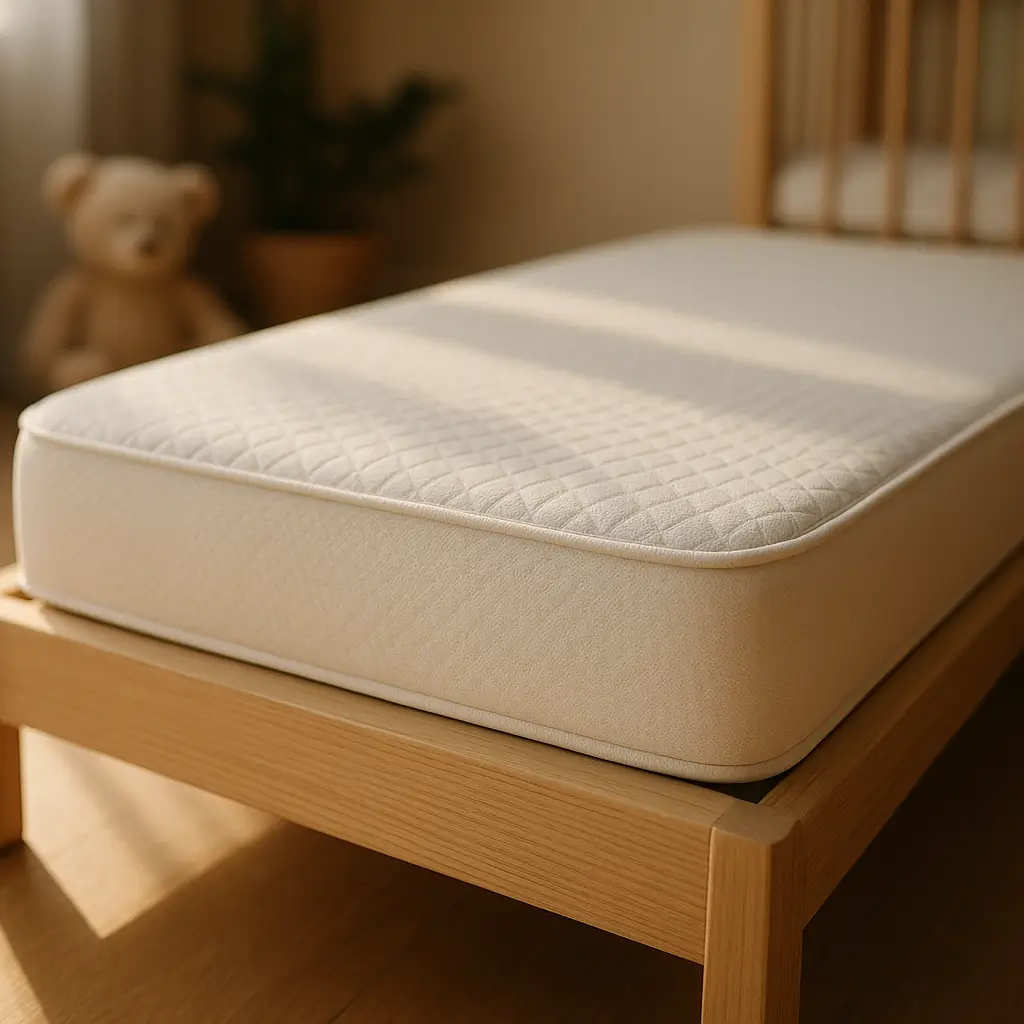 Colchão infantil: densidade, altura e capa por idade, colchão claro com capa matelassada em cama infantil de madeira