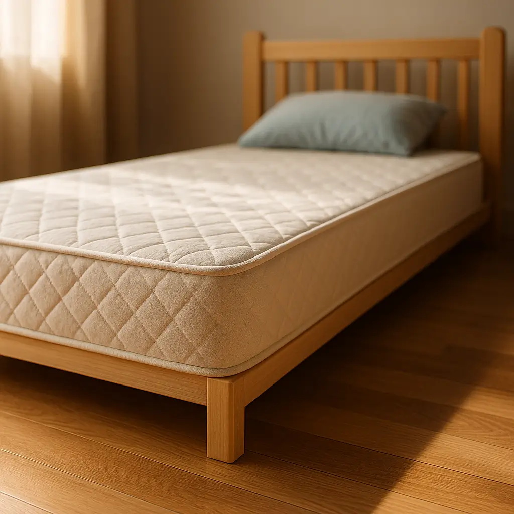 Colchão infantil: densidade, altura e capa por idade, colchão claro em cama infantil de madeira com travesseiro azul