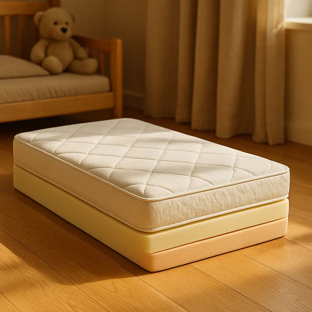 Colchão infantil: densidade, altura e capa por idade, colchão pequeno sobre camadas de espuma no quarto infantil