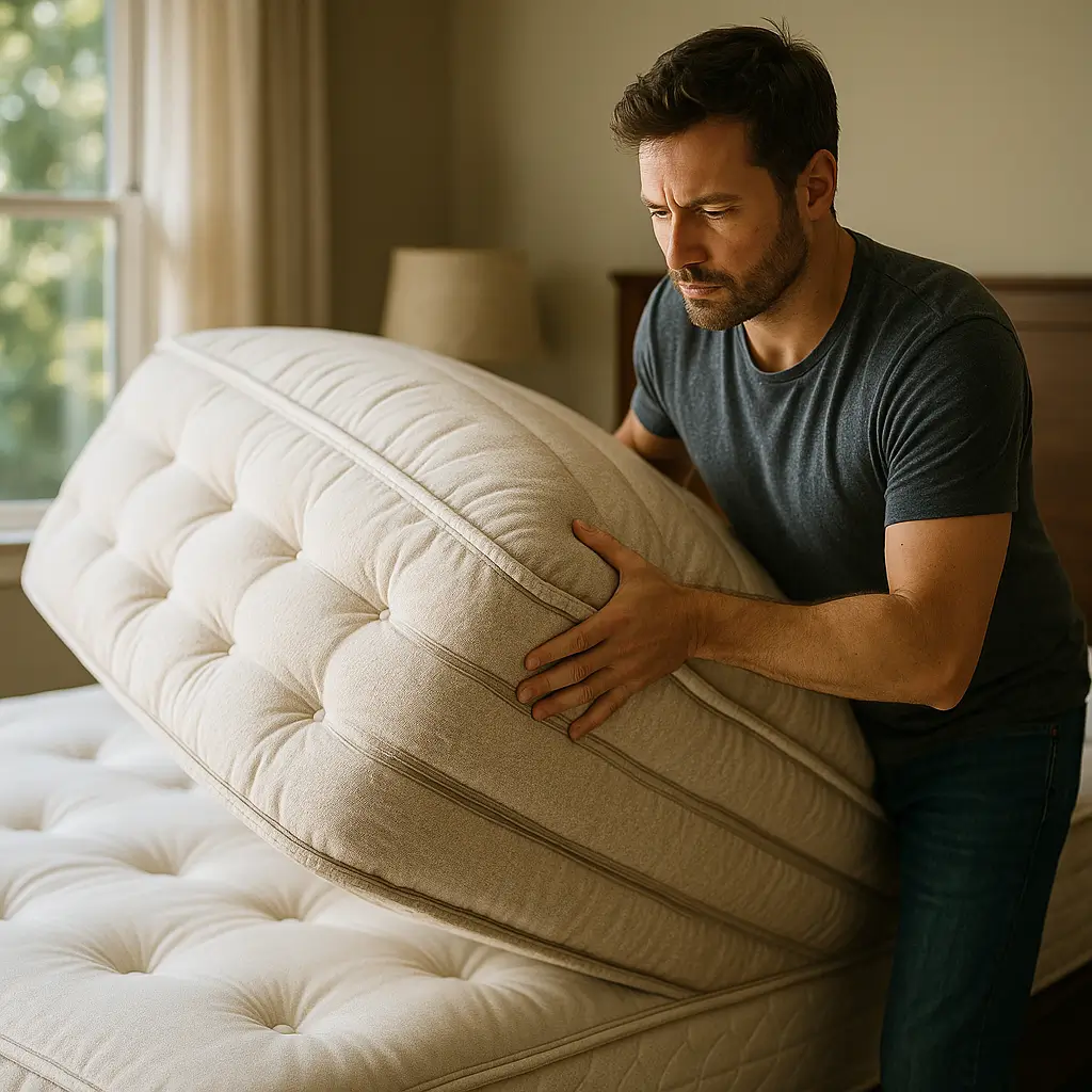Colchão precisa virar: quando girar e quando não, homem inclinando colchão pillow top