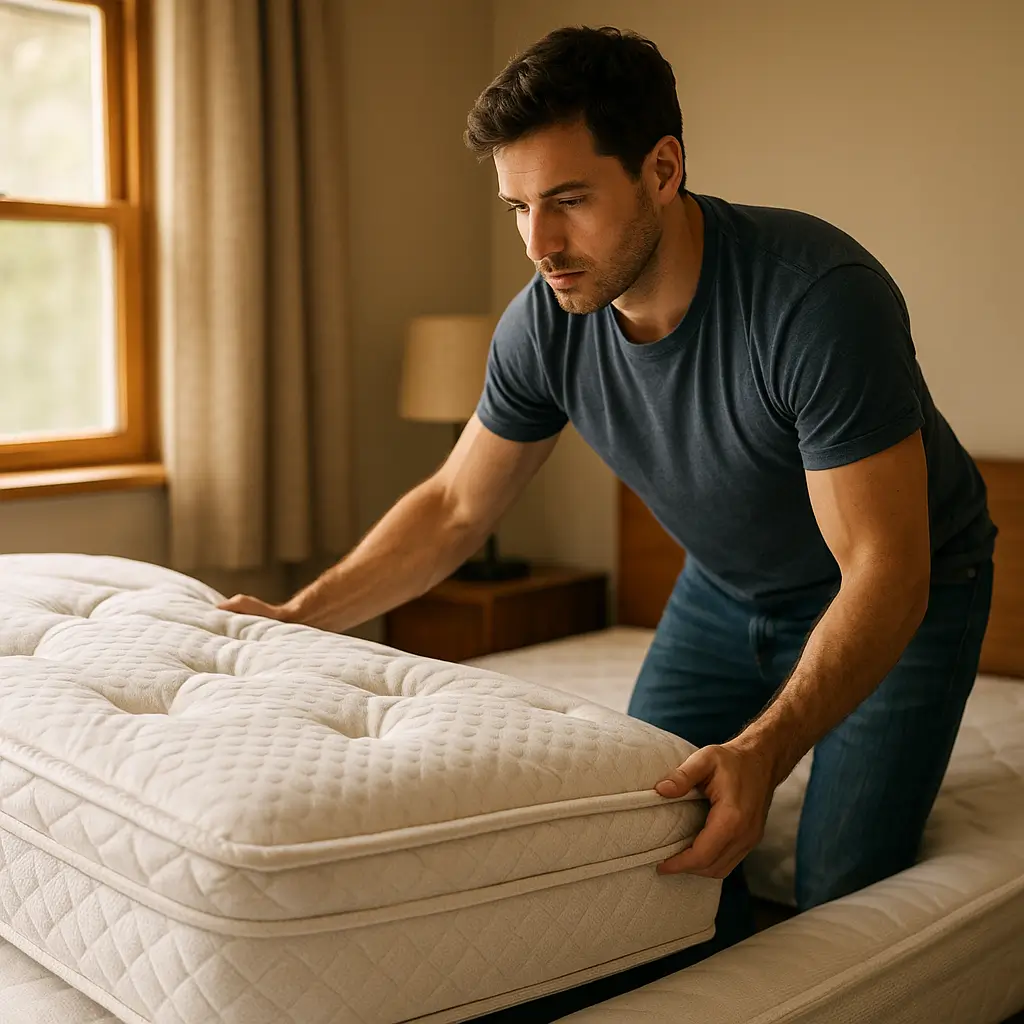 Colchão precisa virar: quando girar e quando não, homem rotacionando colchão pillow top sobre a base