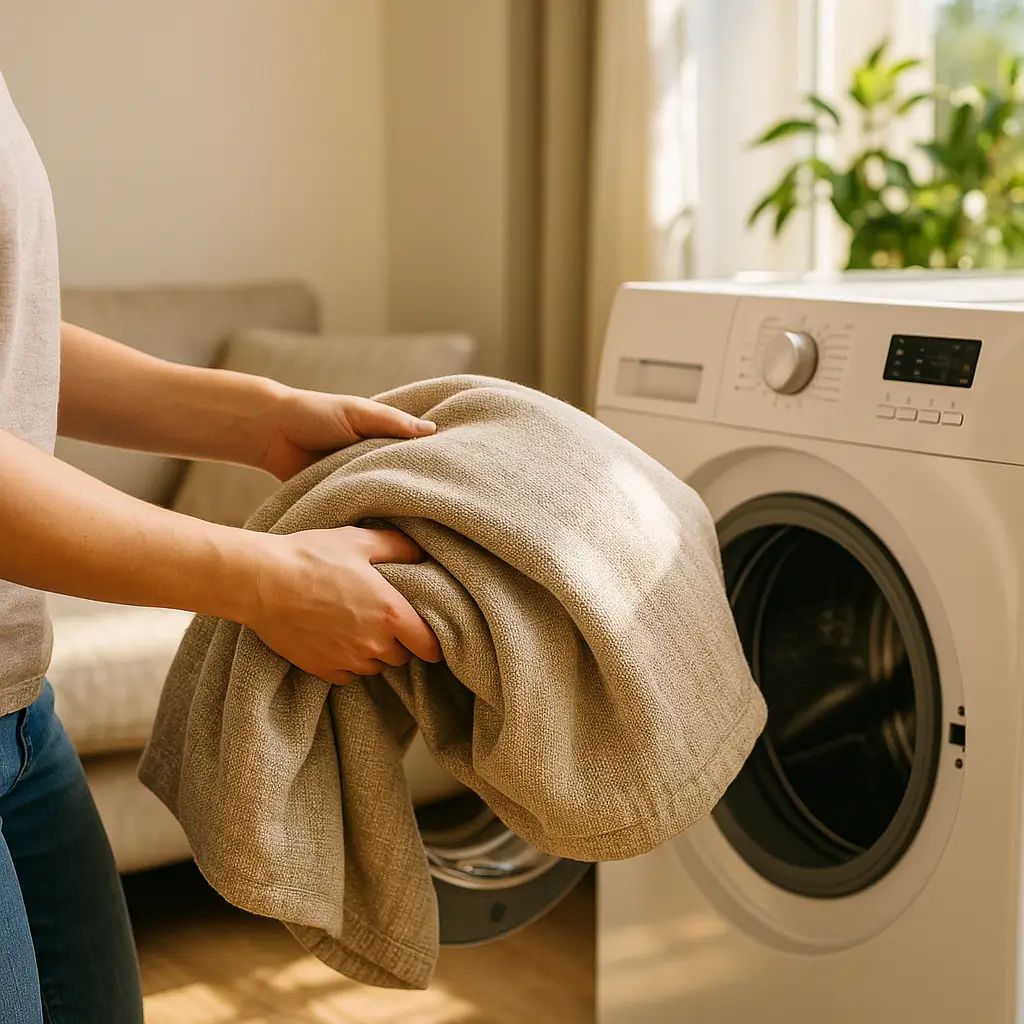 Como lavar capa de sofá na máquina: mãos colocando capa bege na lavadora