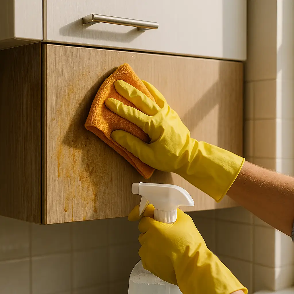 Como limpar armário de cozinha engordurado: luvas amarelas limpando porta de MDF com pano laranja e borrifador