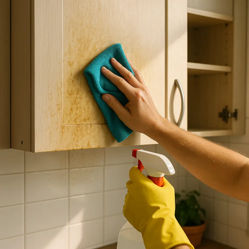 Como limpar armário de cozinha engordurado: mão com pano azul limpando porta de MDF com borrifador
