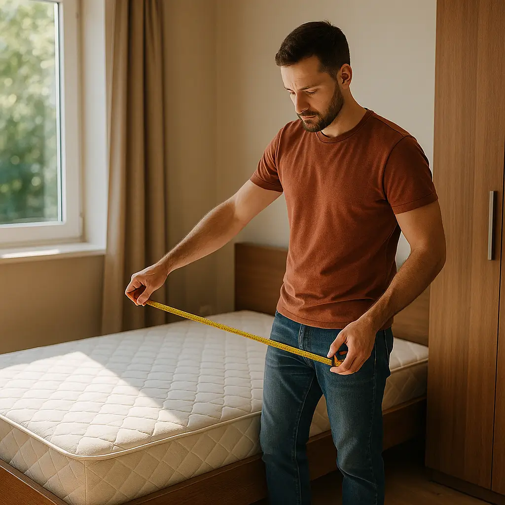 Como medir o quarto antes de comprar cama box ou guarda roupa com homem medindo colchão com trena