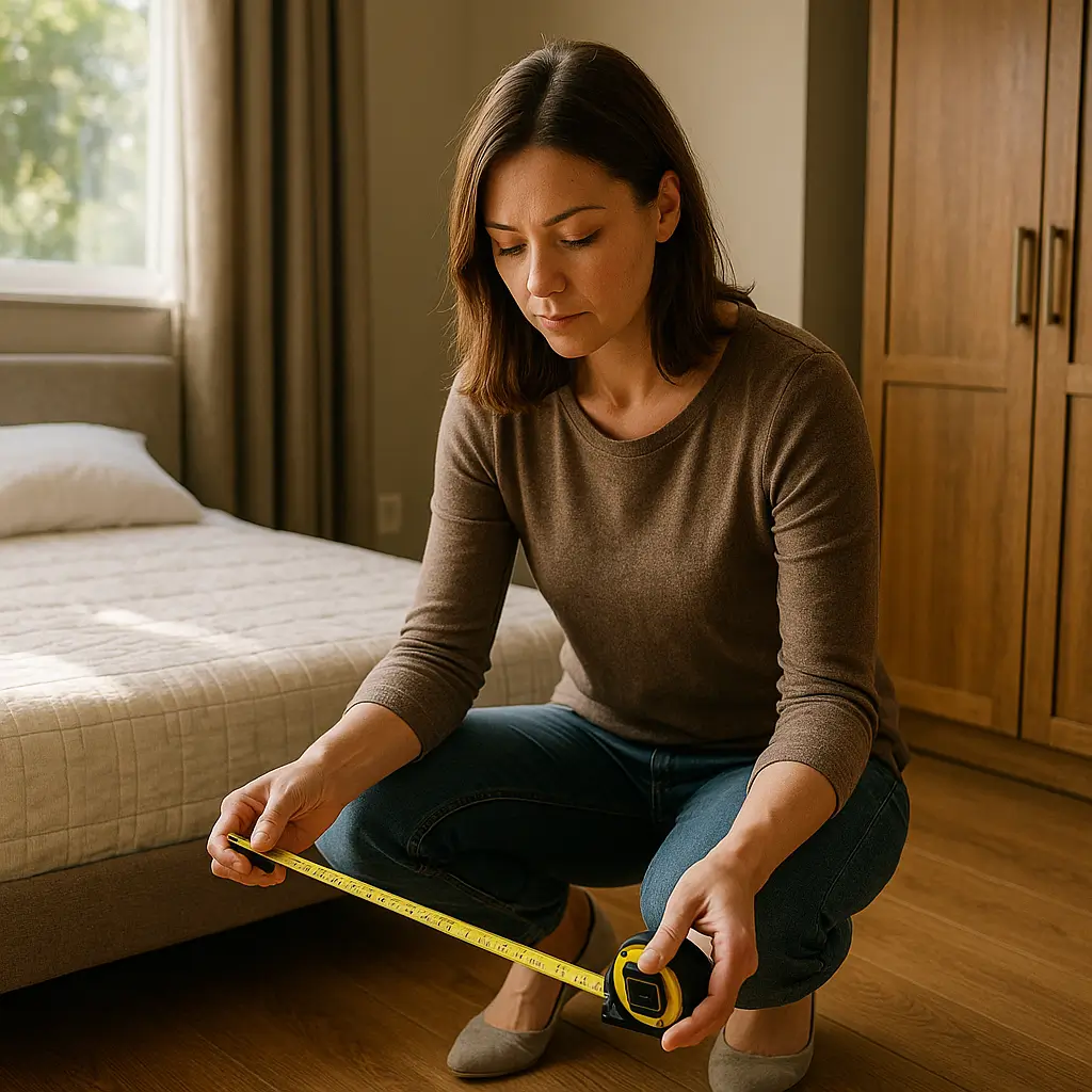 Como medir o quarto antes de comprar cama box ou guarda roupa com mulher medindo distância no chão ao lado da cama