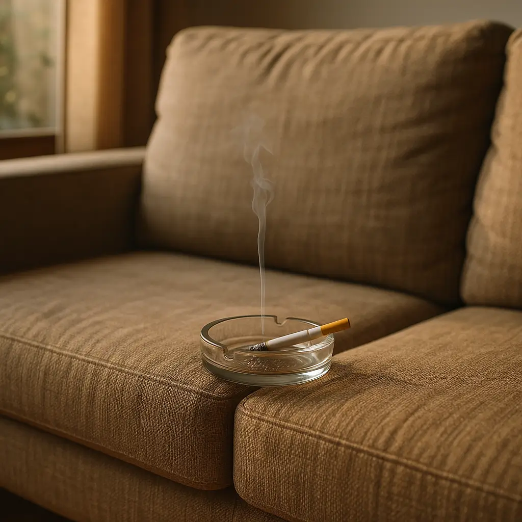 Como tirar cheiro de cigarro do sofá: cinzeiro com cigarro aceso no sofá bege