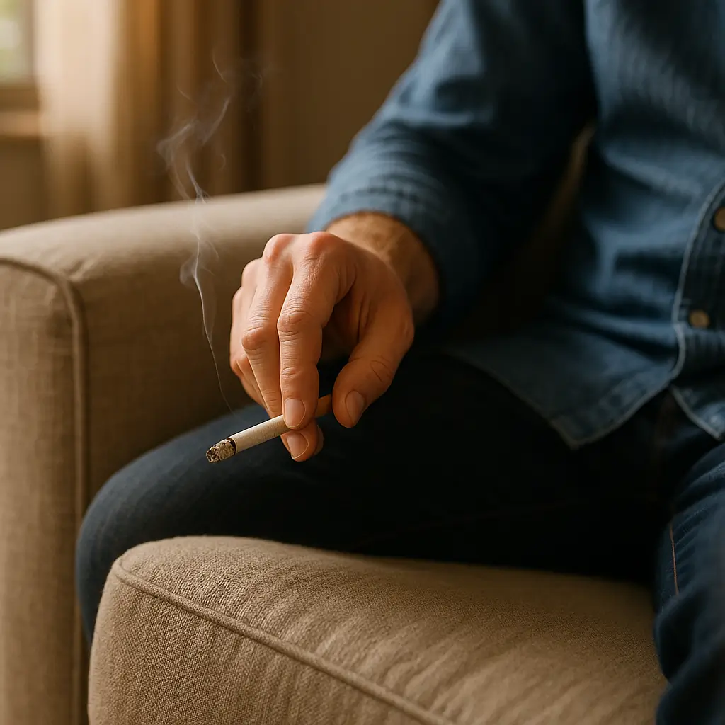 Como tirar cheiro de cigarro do sofá: mão segurando cigarro aceso sobre sofá bege