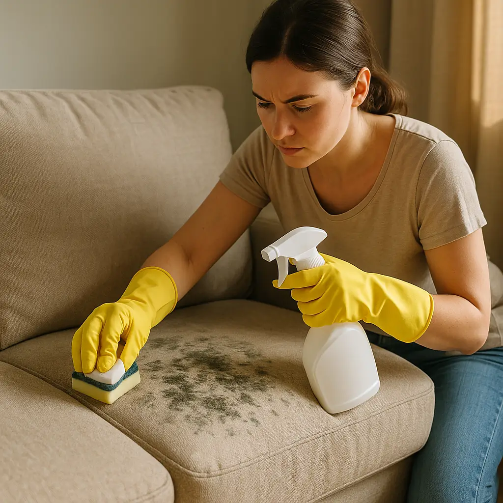 Como tirar mofo do sofá: passo a passo 2025, mulher de luvas amarelas limpando mofo com esponja e borrifador em sofá bege