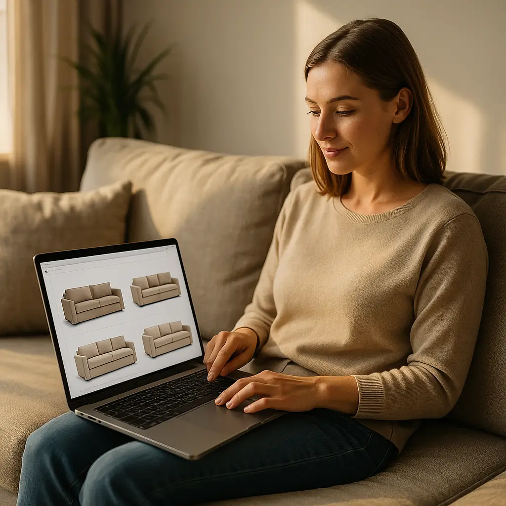 Comprar sofá online: 7 medidas e checklist de fotos; mulher no sofá vendo quatro modelos de sofá no notebook