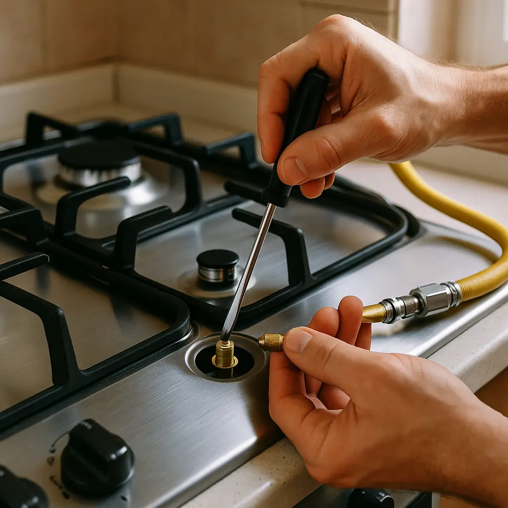 Conversão do fogão de GLP para GN: preço e como fazer; mãos ajustando injetor no fogão inox com mangueira amarela