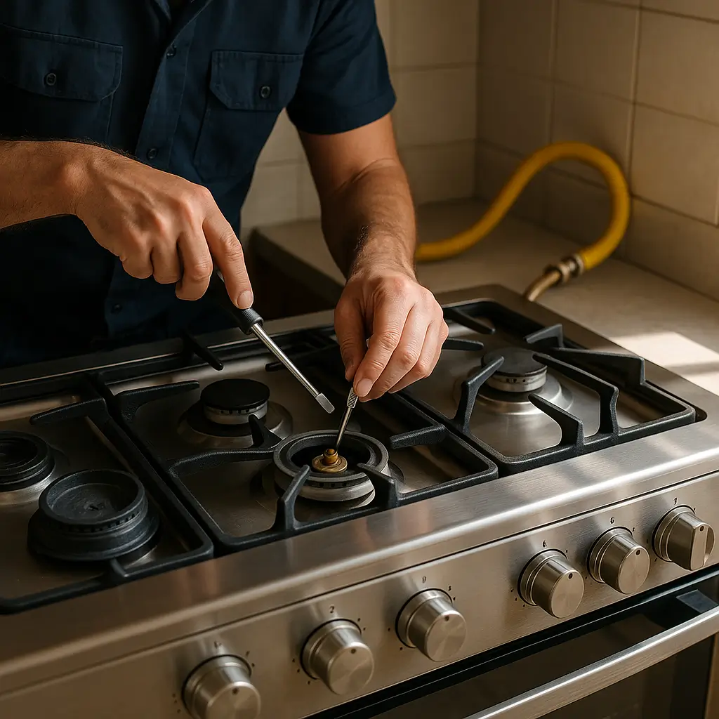 Conversão do fogão de GLP para GN: preço e como fazer; mãos ajustando queimador com duas chaves de fenda, mangueira amarela ao fundo