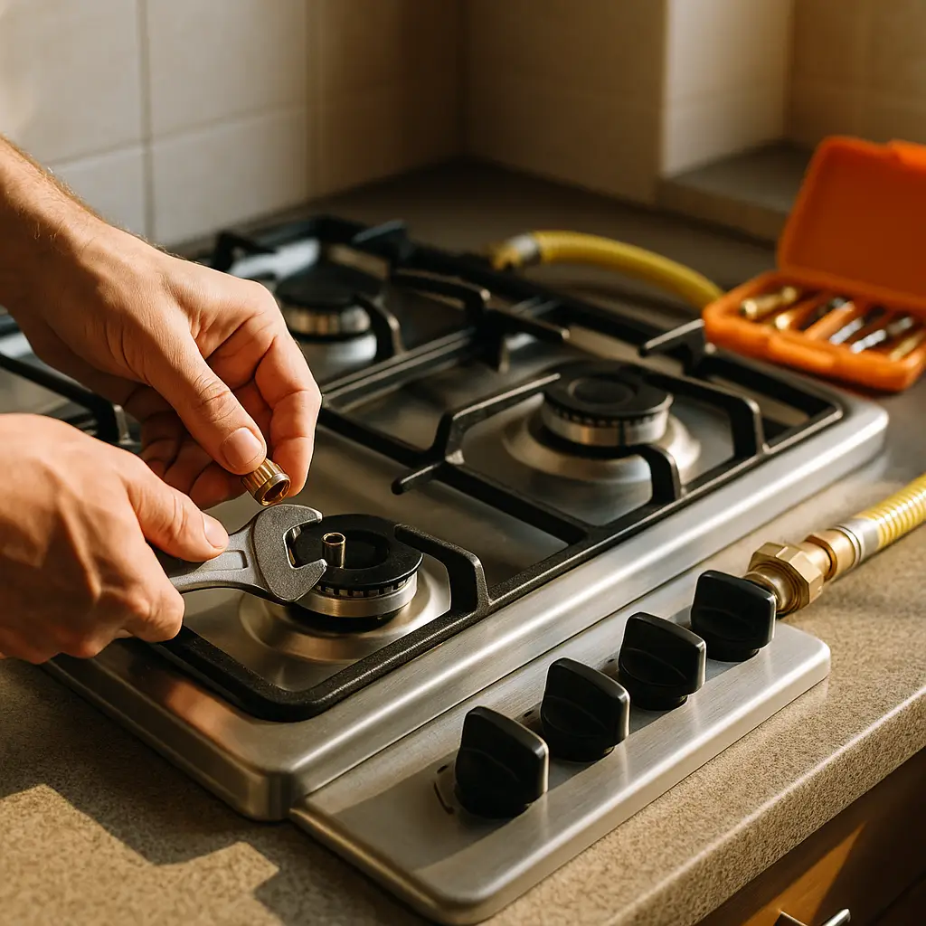 Conversão do fogão de GLP para GN: preço e como fazer; mãos trocando injetor no queimador com chave, mangueira amarela ao lado