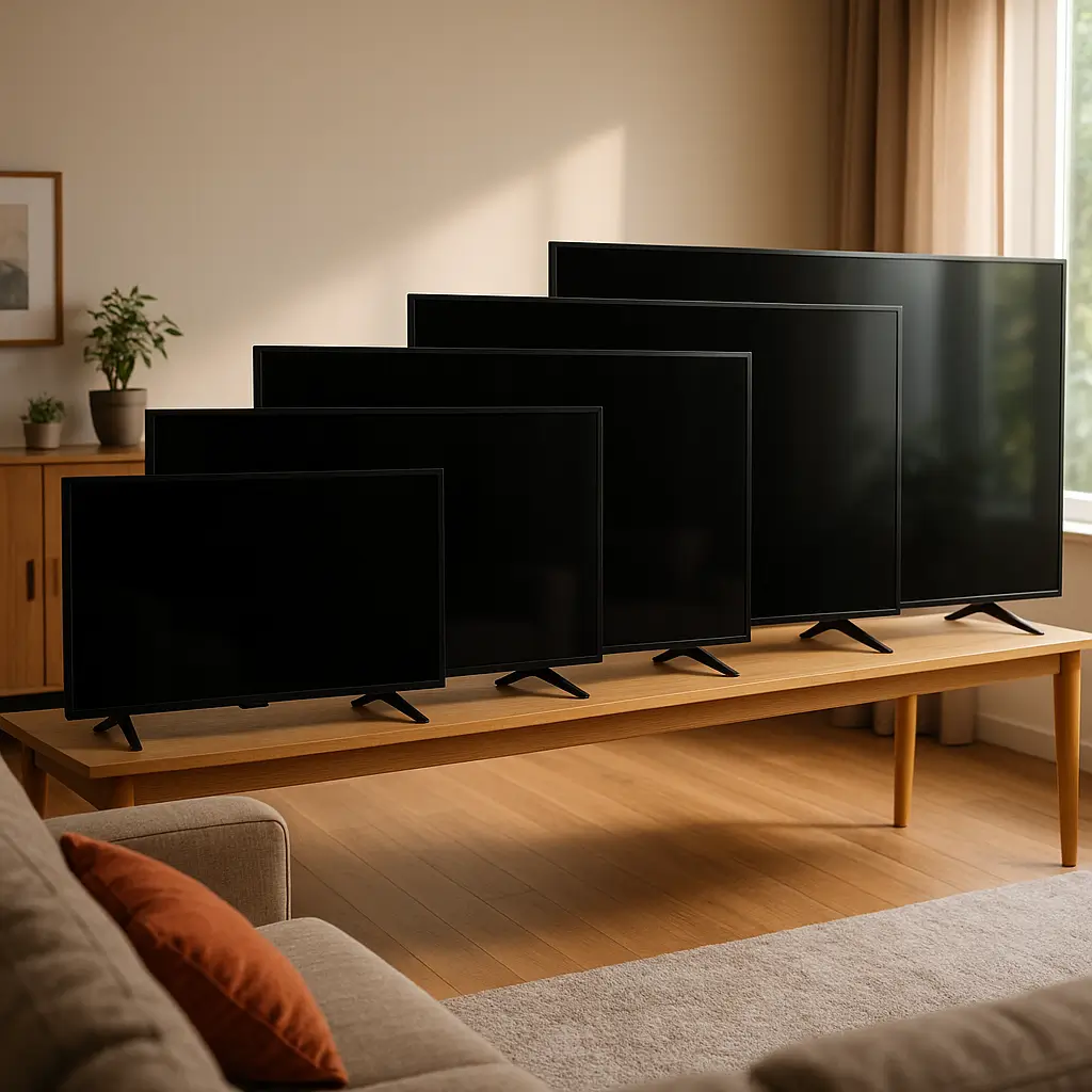 Distância ideal da TV: tabela por polegadas, TVs de diferentes tamanhos alinhadas na mesa da sala