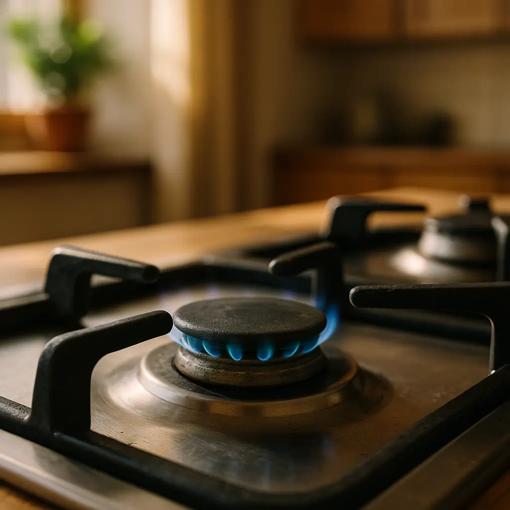 Fogão com chama baixa: causas e soluções seguras; detalhe do queimador com chama azul fraca