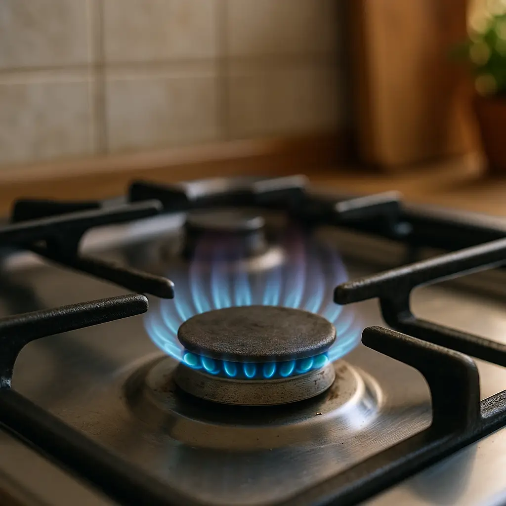 Fogão com chama baixa: causas e soluções seguras; queimador com chama azul baixa