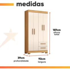Guarda Roupa Fortaleza Solteiro 4 Portas 2 Gavetas Atualle Medidas