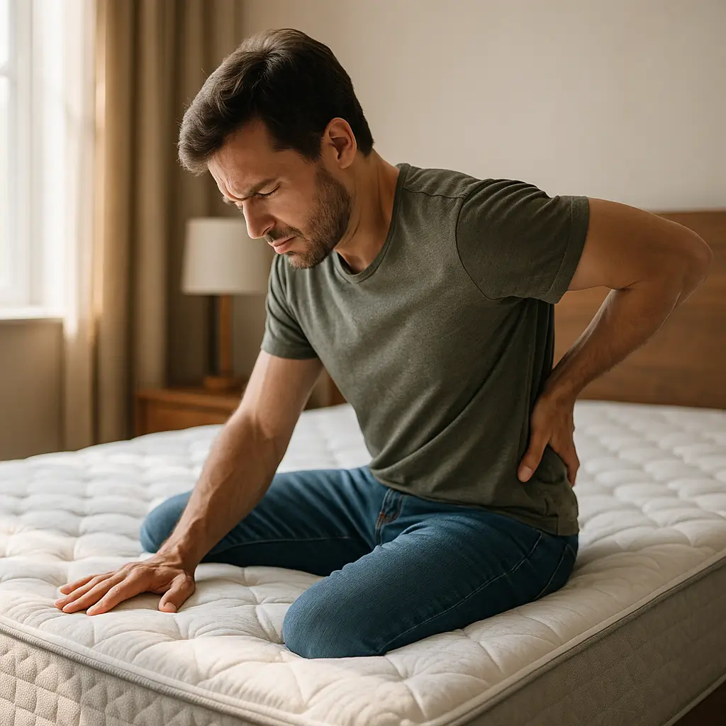 Homem ajoelhado em colchão com dor nas costas, Melhor colchão para dor nas costas: guia 2025
