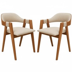 Kit 2 Cadeiras Perola Em Linho Madeira Wj Decor Bege