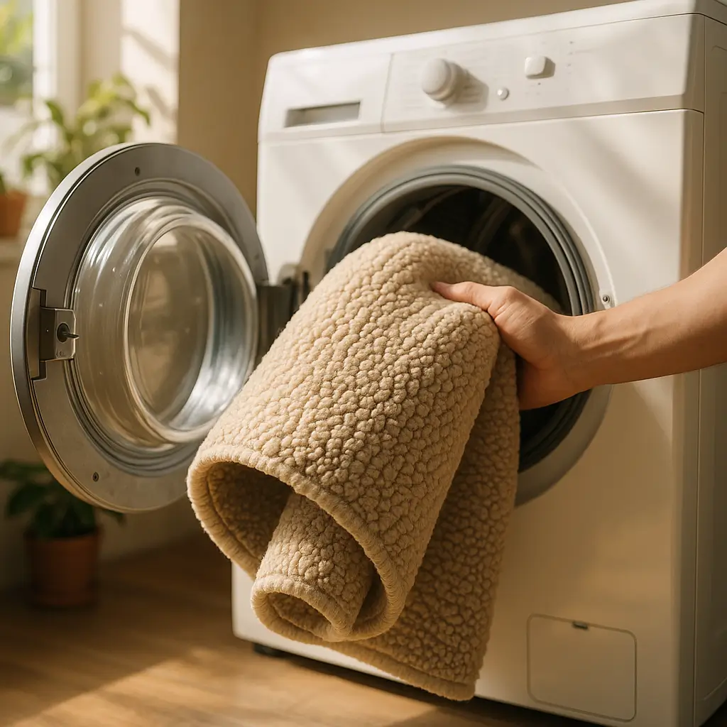 Lavar tapete na máquina: quais podem, programa e secagem; mão colocando tapete felpudo bege enrolado em lavadora frontal