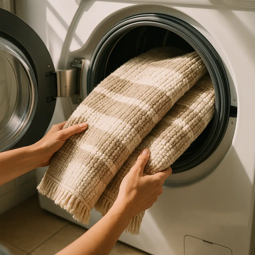 Lavar tapete na máquina: quais podem, programa e secagem; mãos colocando tapete bege com franjas em lavadora frontal