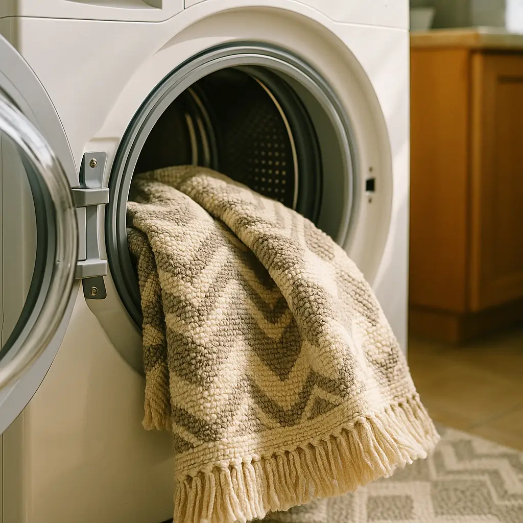 Lavar tapete na máquina: quais podem, programa e secagem; tapete bege com franjas e padrão chevron na lavadora frontal