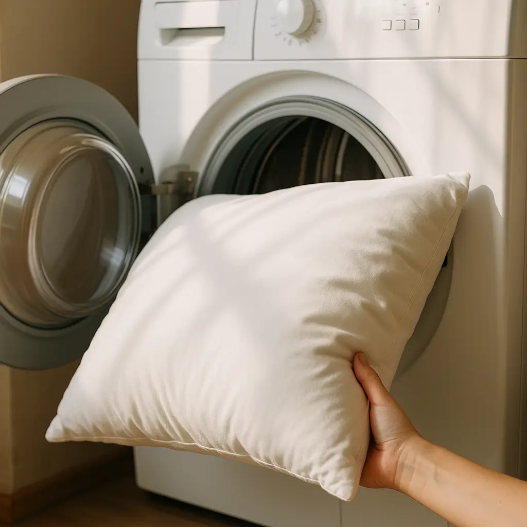 Lavar travesseiro na máquina: programa e temperatura; mão segurando travesseiro branco diante de máquina de lavar frontal aberta