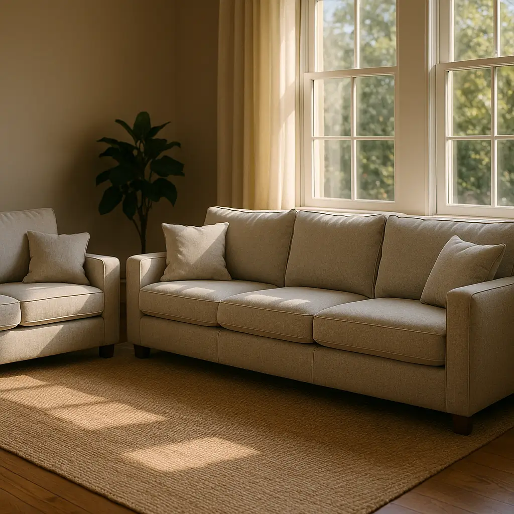 Medidas de sofá 2, 3 e 4 lugares: tabela rápida; sala com sofá 3 lugares e sofá 2 lugares bege, tapete e janela