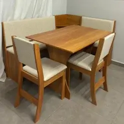 Mesa Canto Alemao Golden Estofado Com 2 Cadeiras Tecido Linho Viero 72084