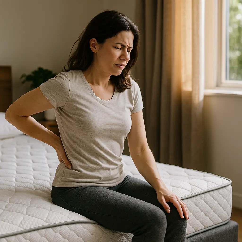 Mulher com dor nas costas sentada em colchão branco, Melhor colchão para dor nas costas: guia 2025