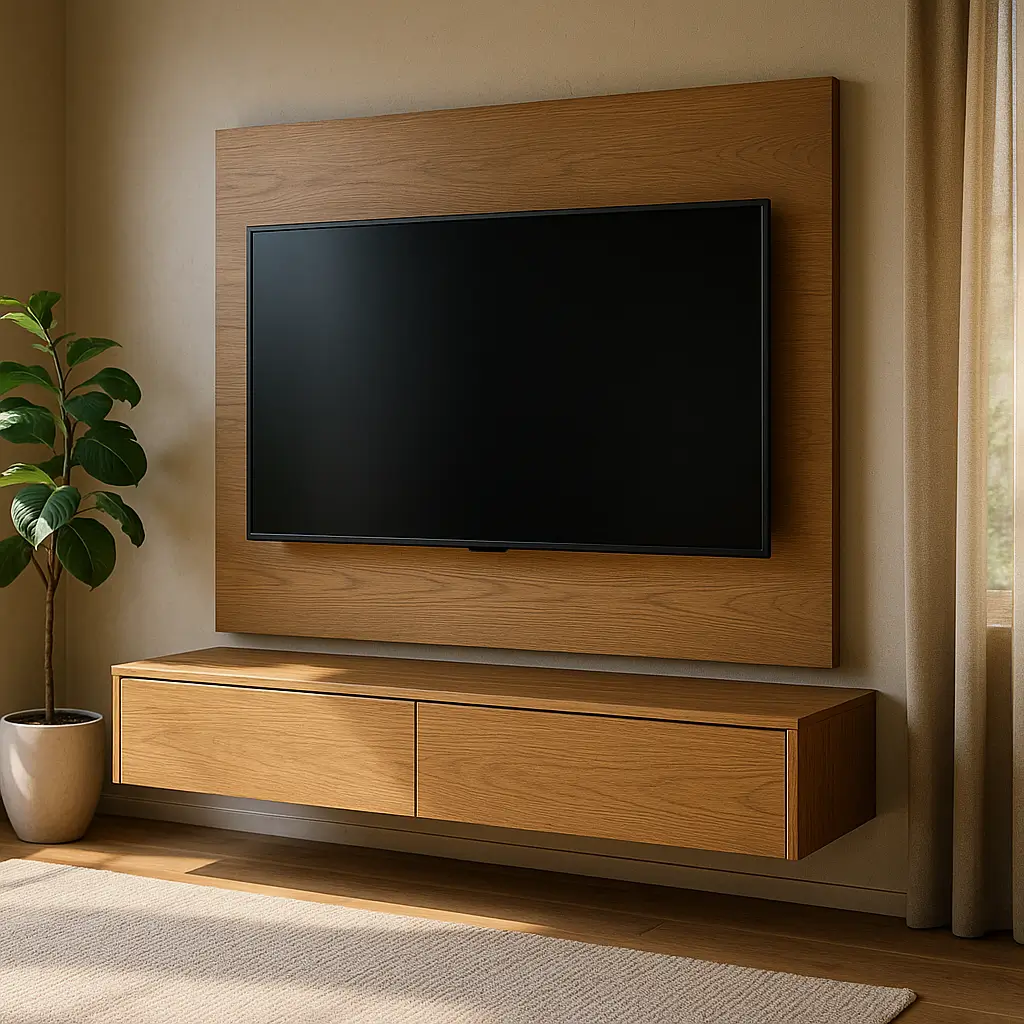 Painel para TV 55 polegadas: medidas e padrão VESA, painel de madeira com rack suspenso e planta