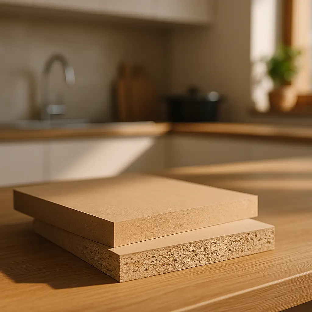 Placas de MDF e MDP empilhadas mostrando MDF ou MDP diferença prática na cozinha e no quarto