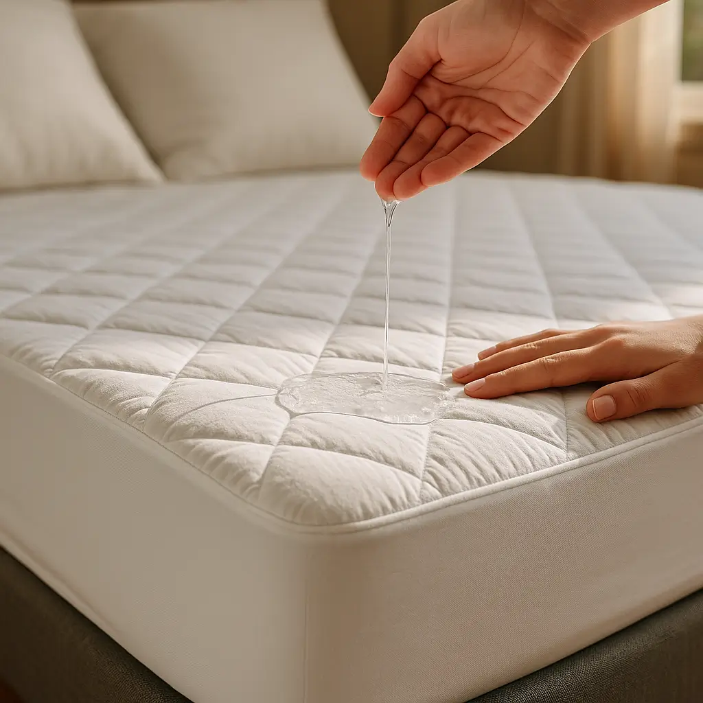Protetor de colchão impermeável: vale a pena e como lavar, água derramada repelida em capa acolchoada branca