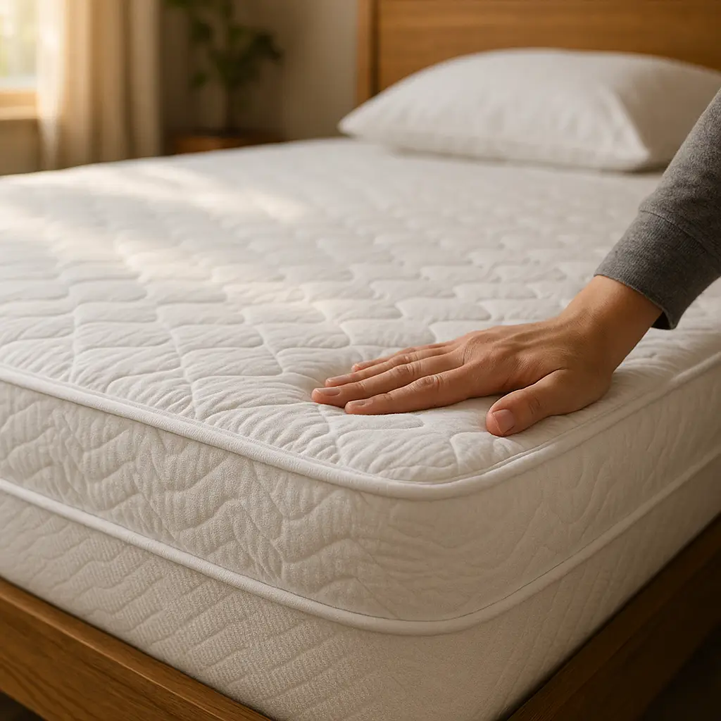 Protetor de colchão impermeável: vale a pena e como lavar, mão pressionando capa acolchoada branca