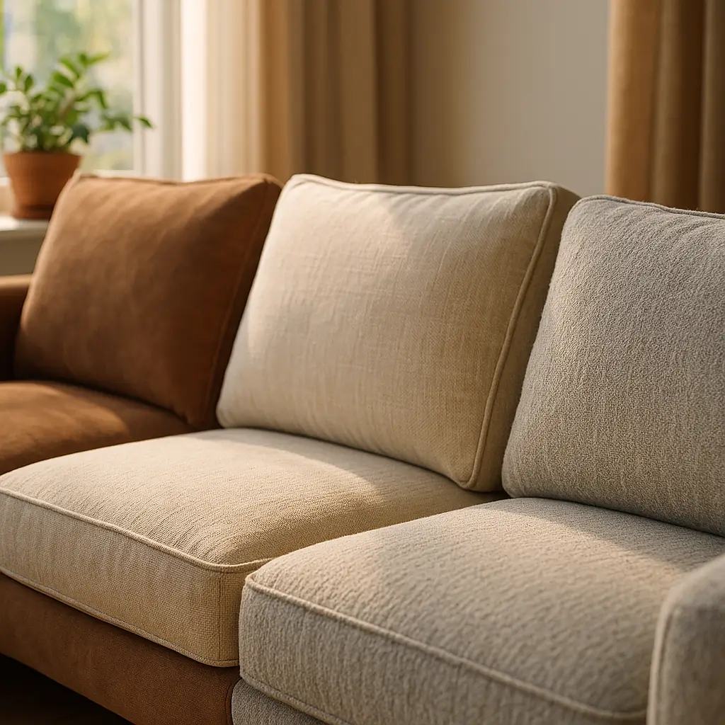 Qual tecido de sofá suja menos: guia rápido 2025, close de sofá com suede marrom, linho bege e chenille claro