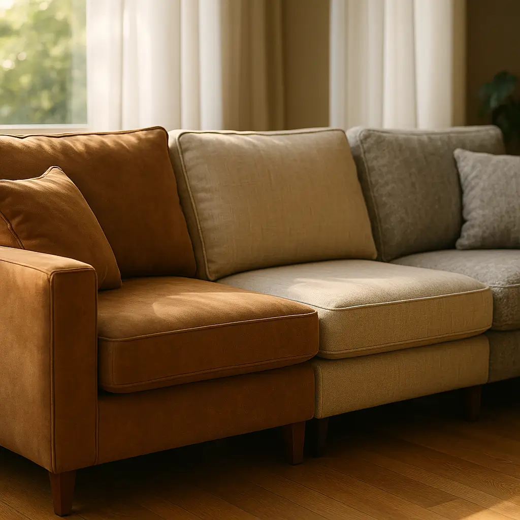 Qual tecido de sofá suja menos: guia rápido 2025, sofá modular com suede marrom, linho bege e chenille cinza