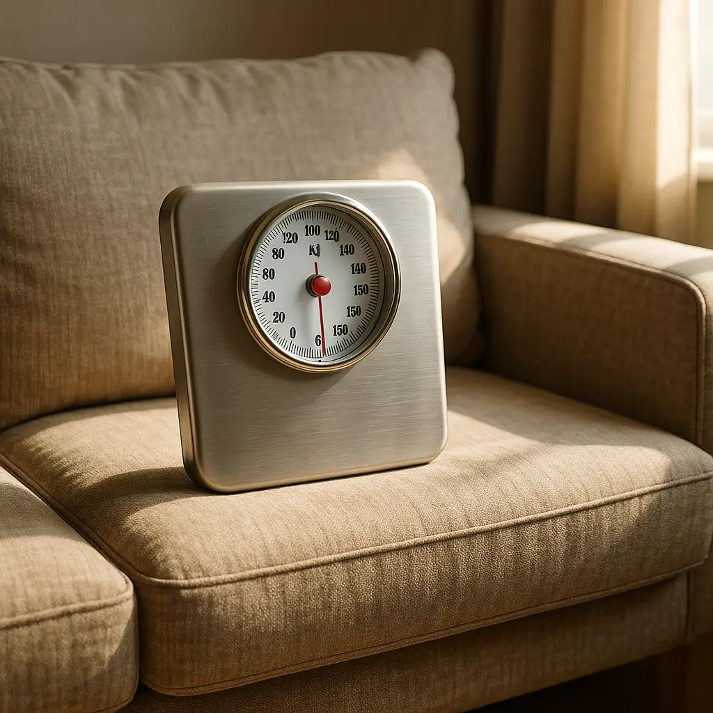 Quanto peso o sofá aguenta: tabela por assento, balança analógica no assento do sofá bege