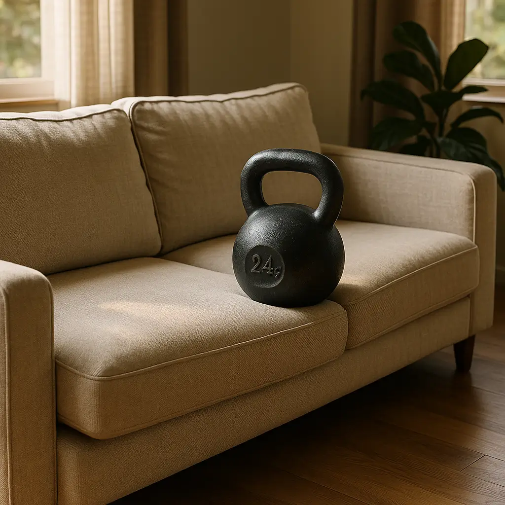 Quanto peso o sofá aguenta: tabela por assento, kettlebell 24 kg no sofá bege