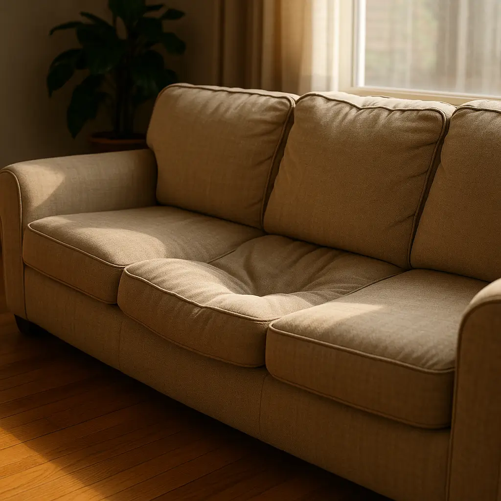 Sofá afundado: como arrumar em casa, sofá bege com afundamento no assento central