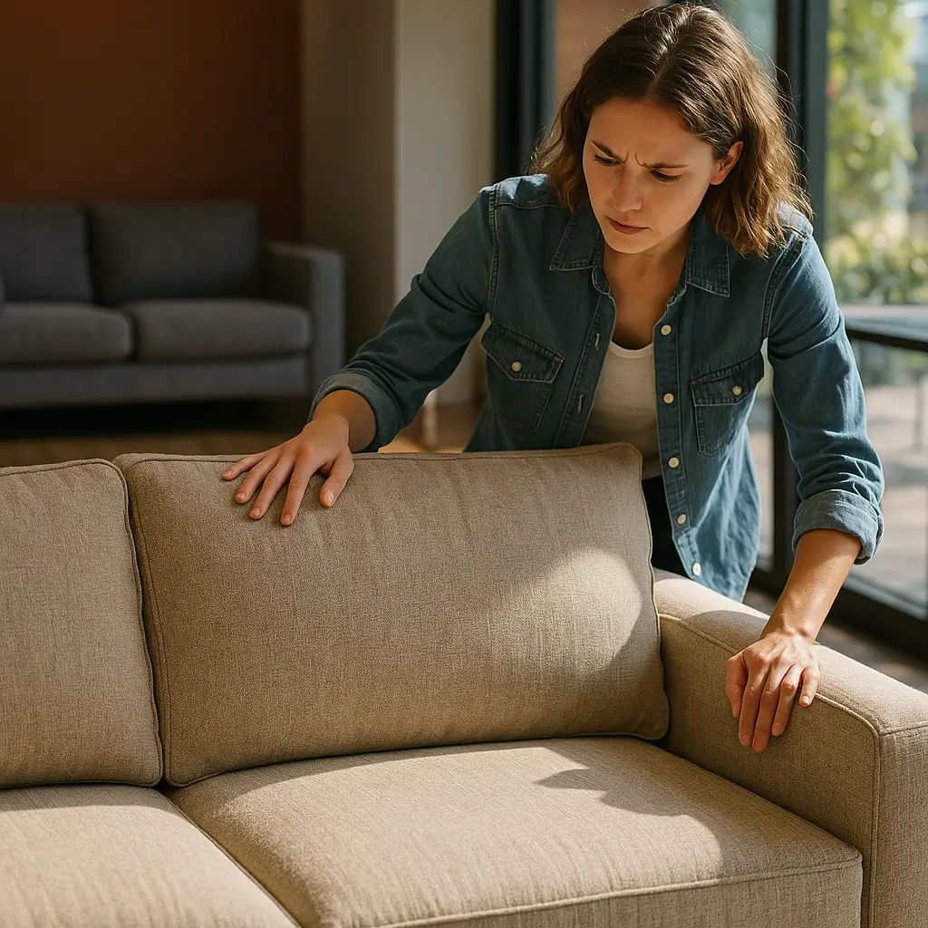 Sofá bom e barato: como escolher sem errar com cliente analisando encosto de sofá bege na loja