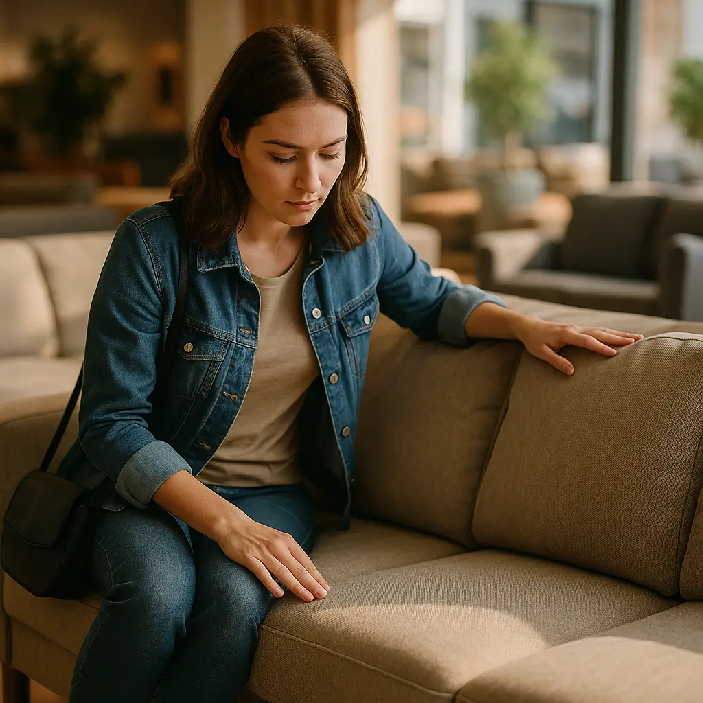 Sofá bom e barato: como escolher sem errar com cliente testando assento de sofá bege na loja
