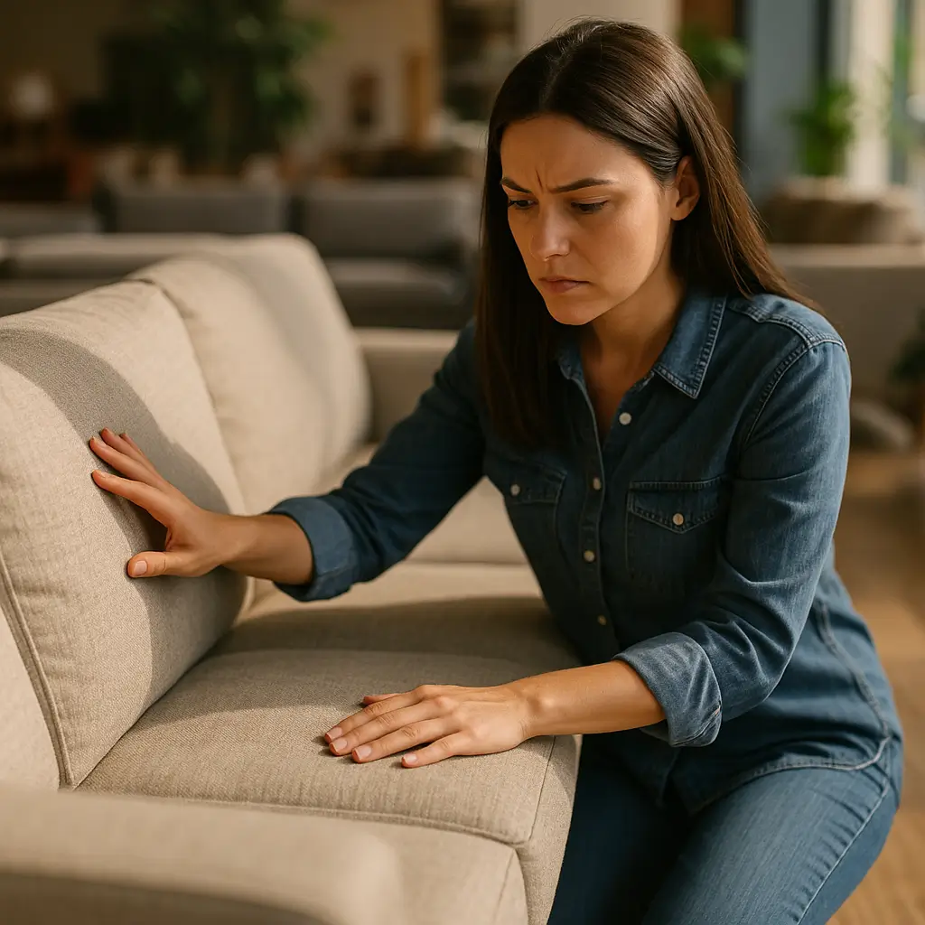 Sofá bom e barato: como escolher sem errar com mulher avaliando estofado em loja